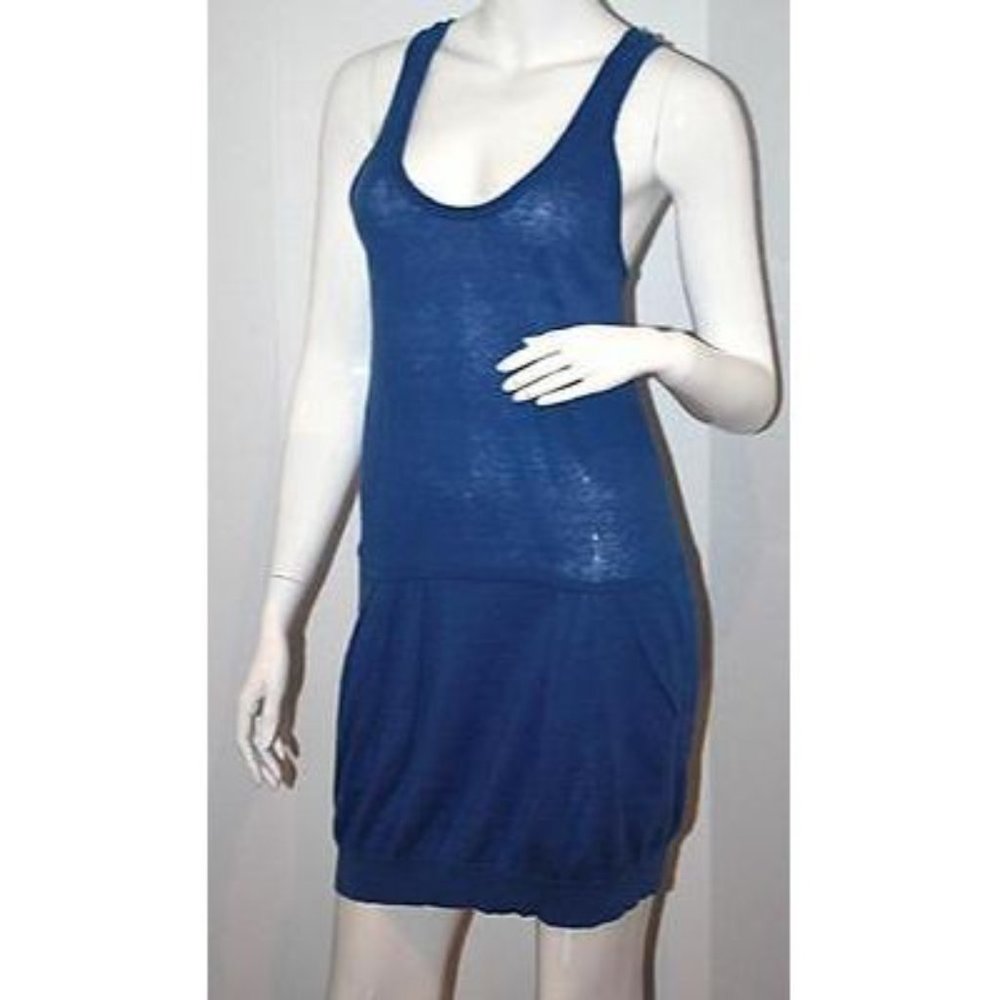 BCBG MAX AZRIA Blue Chambray LINEN Pleat SWEATER Long TOP Cross Back S